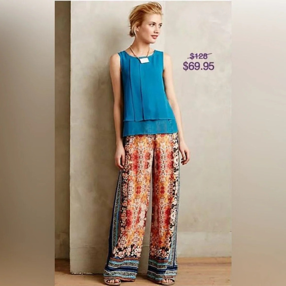 RANNA GILL by ANTHROPOLOGIE Samaire Wide Leg Pants in Blue Motif - Picture 3 of 10